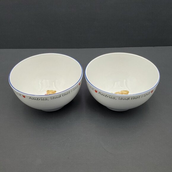 Retroneu Land That I Love Soup Cereal Bowls Patriotic Teddy Bear Pedestal Bowls - Picture 3 of 8